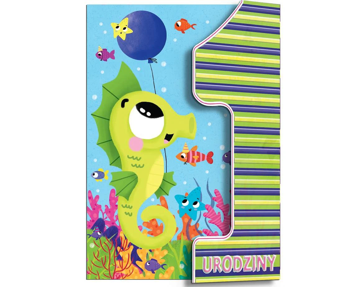 Greeting Card A5 card with flap, first birthday, Seahorse, 1 pc.
